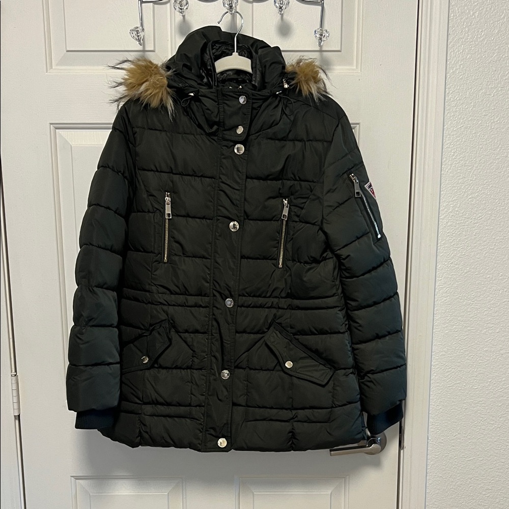 Guess Brand Olive Green Warm Puffer Jacket with Faux Fur Trim and gold accents